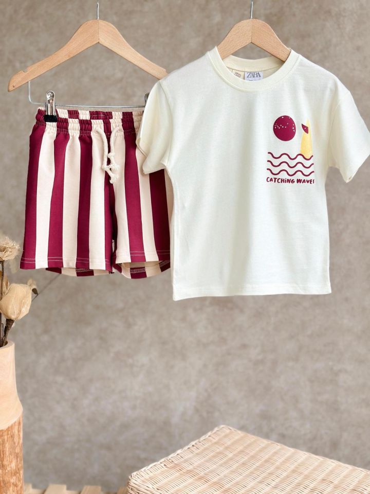 Bordo Surf and Sand Kabartma Baskılı Şortlu Takım