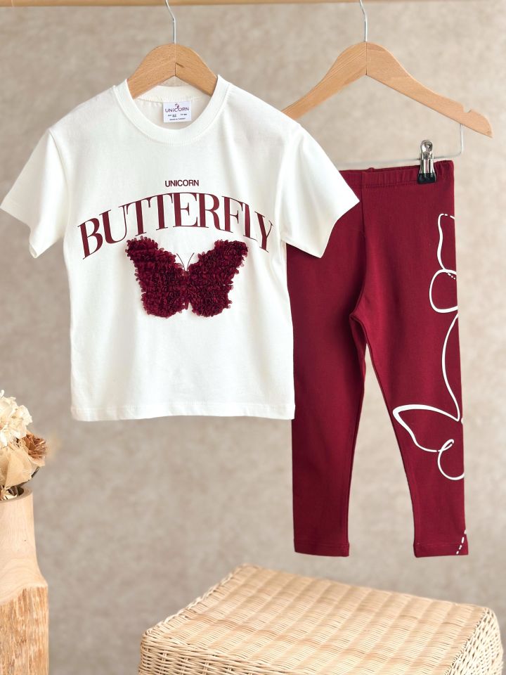 Bordo Ekru Kelebek Nakışlı Taytlı Takım