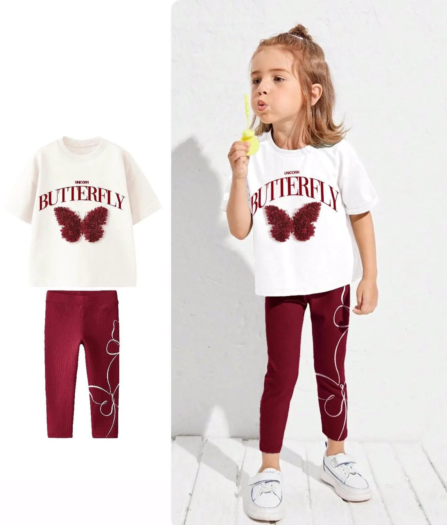 Bordo Ekru Kelebek Nakışlı Taytlı Takım