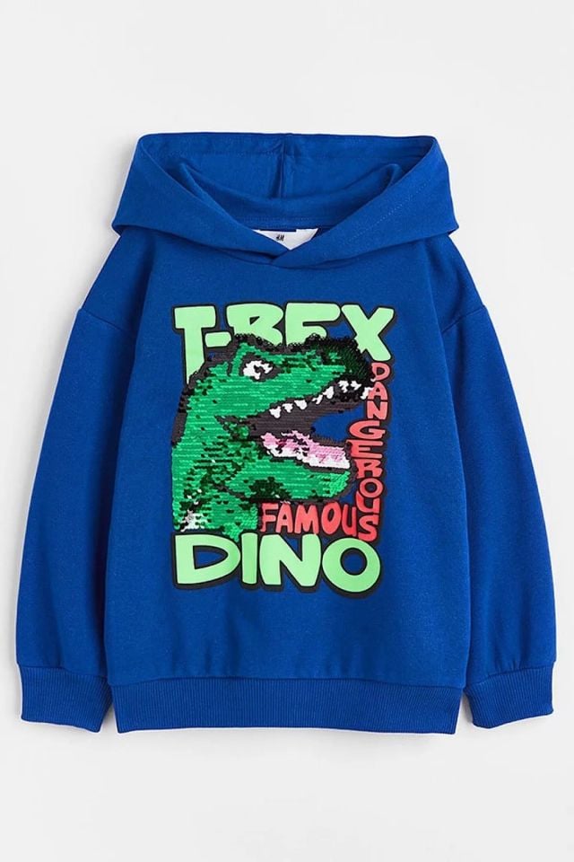 Trex Dinozorlu Kapüşonlü Çift Yönlü Pullu Sweatshirt