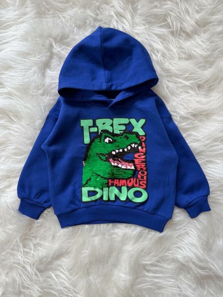Trex Dinozorlu Kapüşonlü Çift Yönlü Pullu Sweatshirt