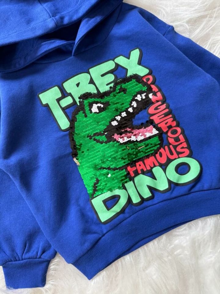 Trex Dinozorlu Kapüşonlü Çift Yönlü Pullu Sweatshirt