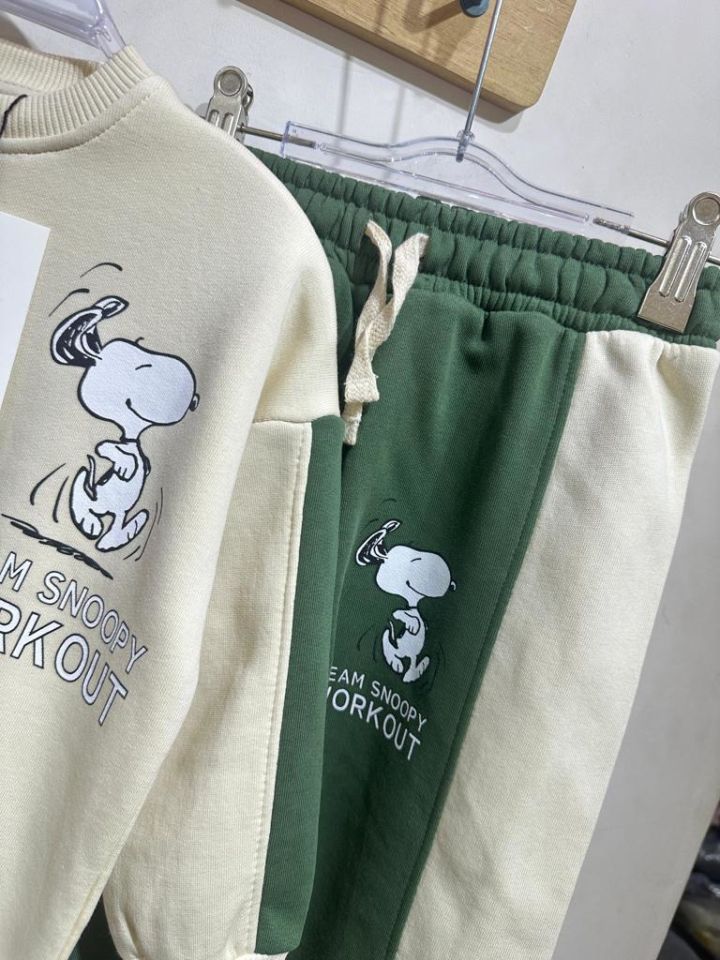 Ekru Yeşil Bloklu Snoopy Takım