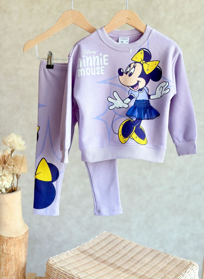 Lila Minnie Mouse 3 Boyutlu Etek Detaylı Taytlı Takım