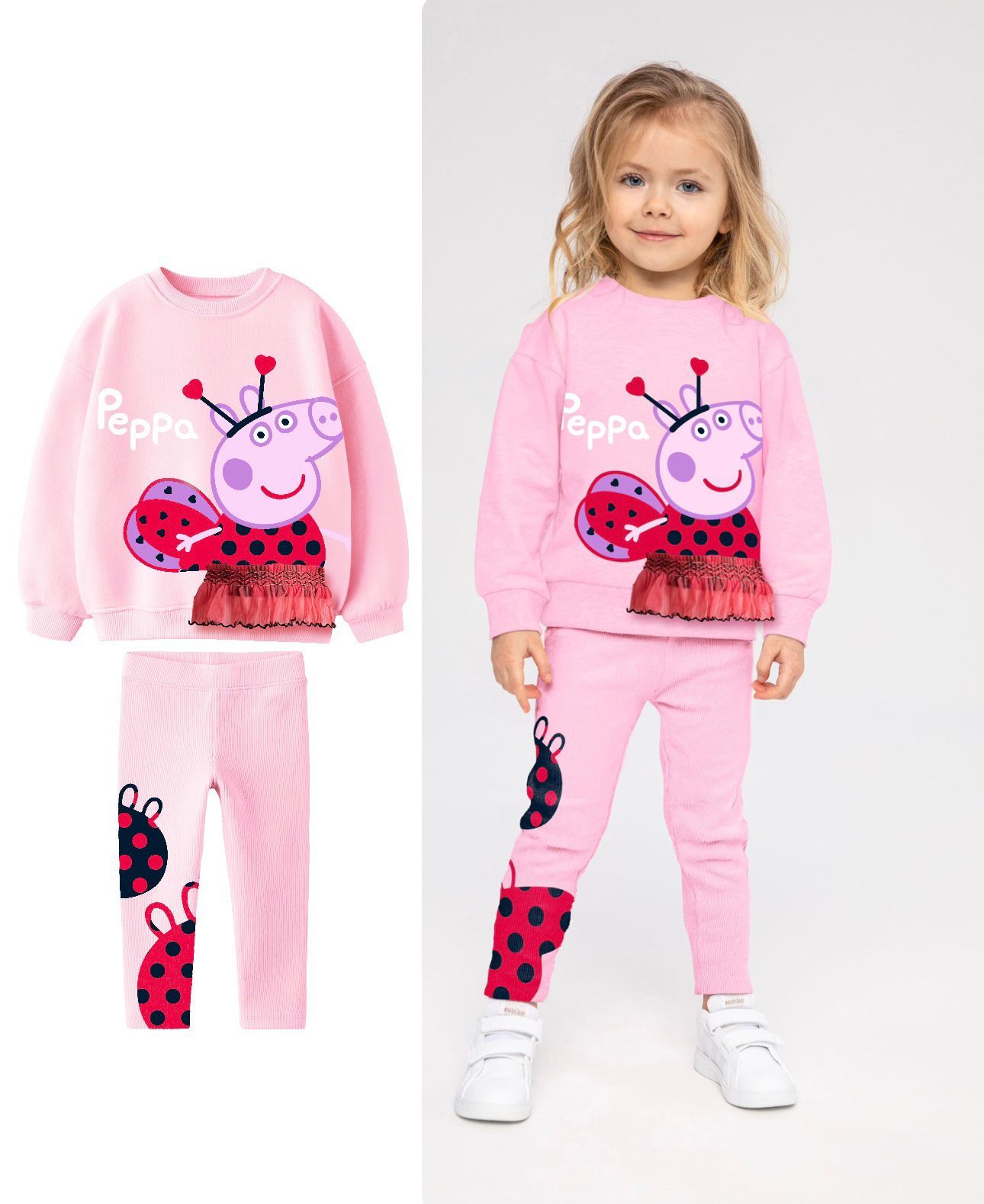 Pembe Peppa Pig 3 Boyutlu Etek Detaylı Taytlı Takım