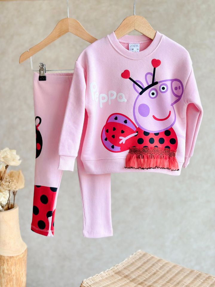 Pembe Peppa Pig 3 Boyutlu Etek Detaylı Taytlı Takım