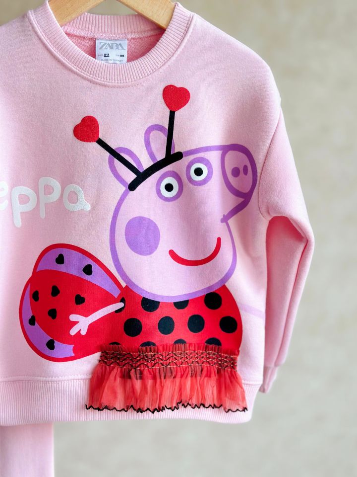 Pembe Peppa Pig 3 Boyutlu Etek Detaylı Taytlı Takım