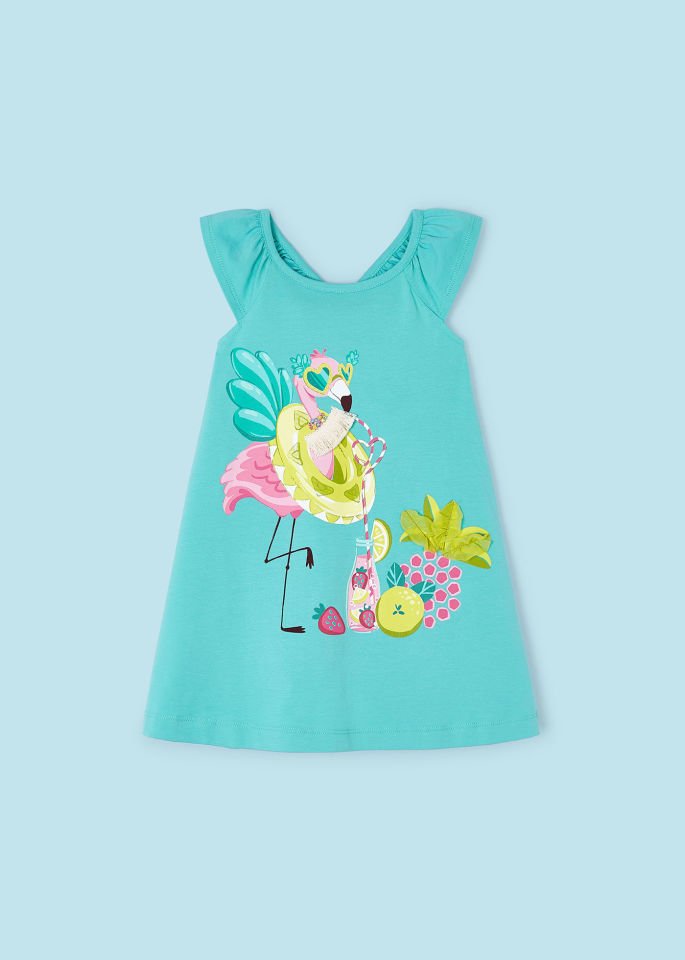 Mavi Flamingo Baskılı Elbise