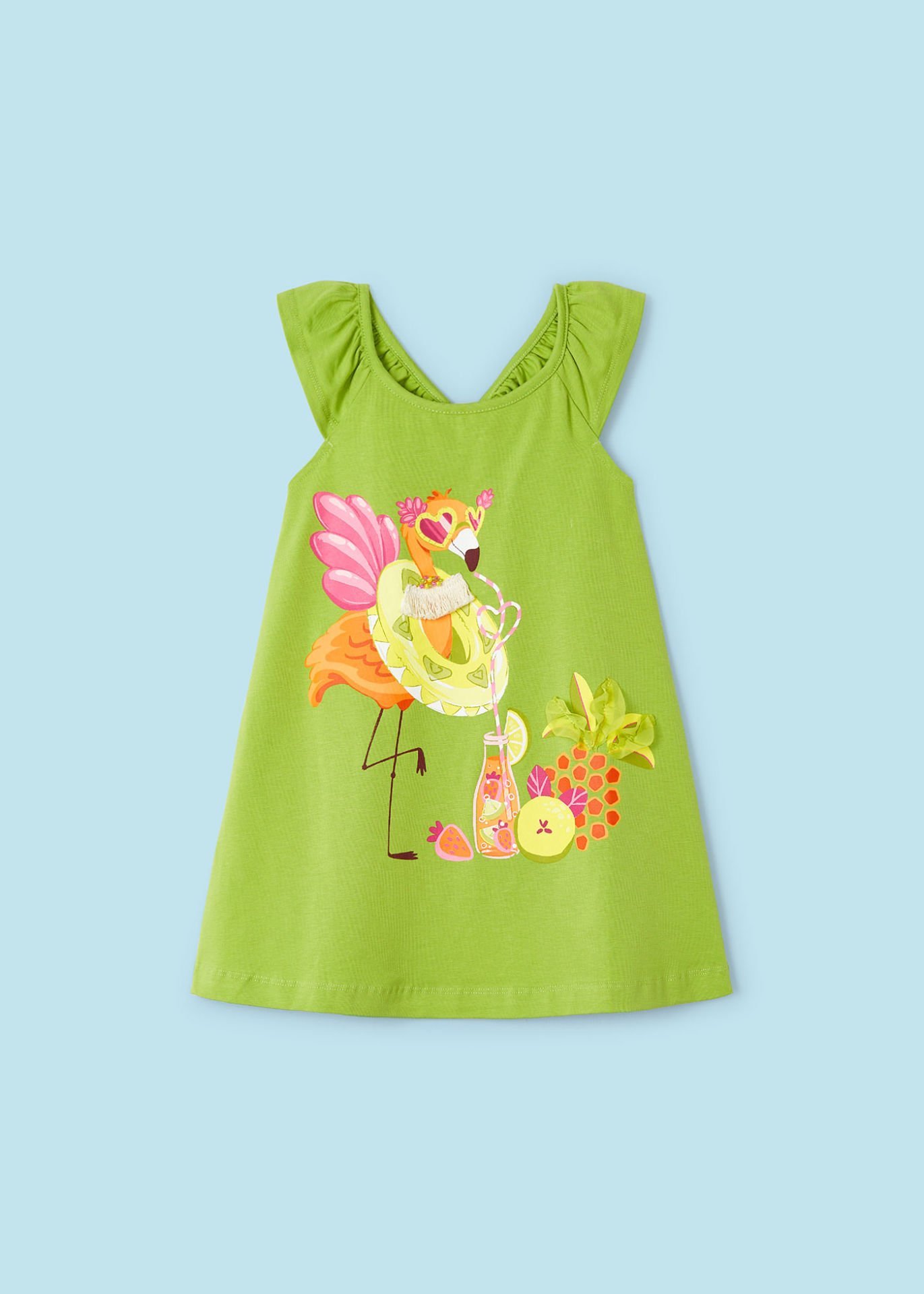 Yeşil Flamingo Baskılı Elbise