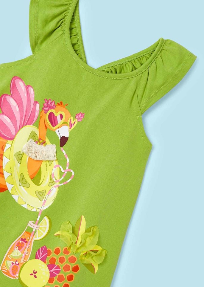Yeşil Flamingo Baskılı Elbise