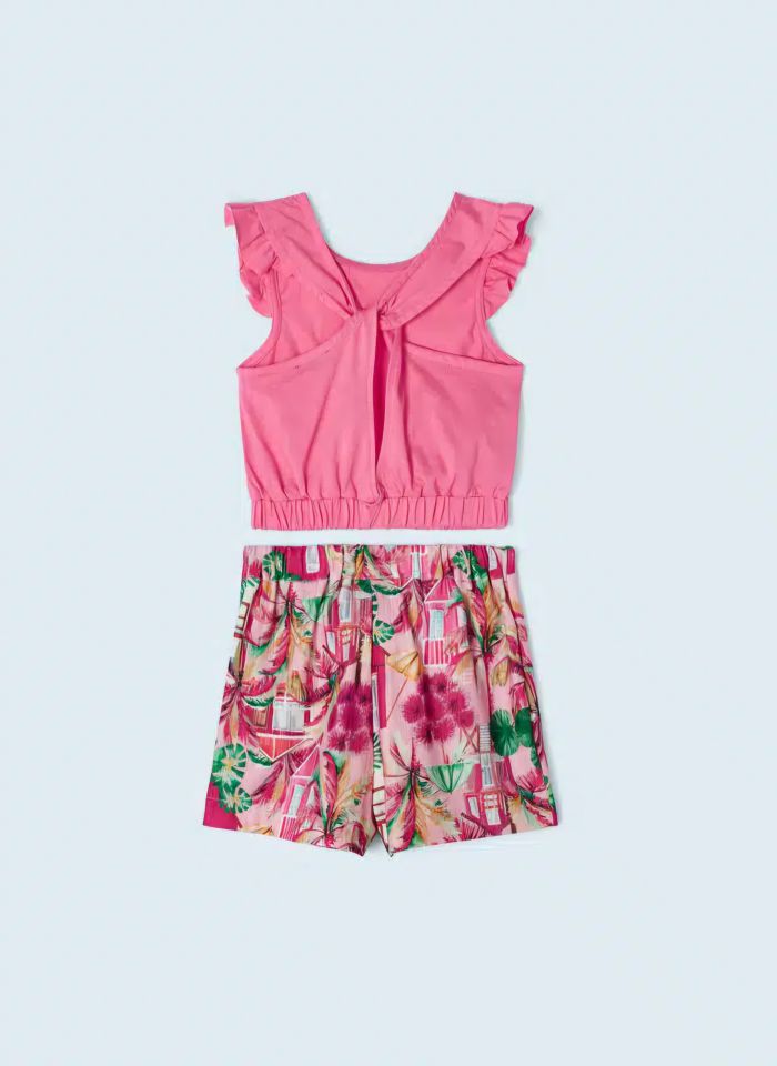 Pembe Çiçekli Crop Şort Takım