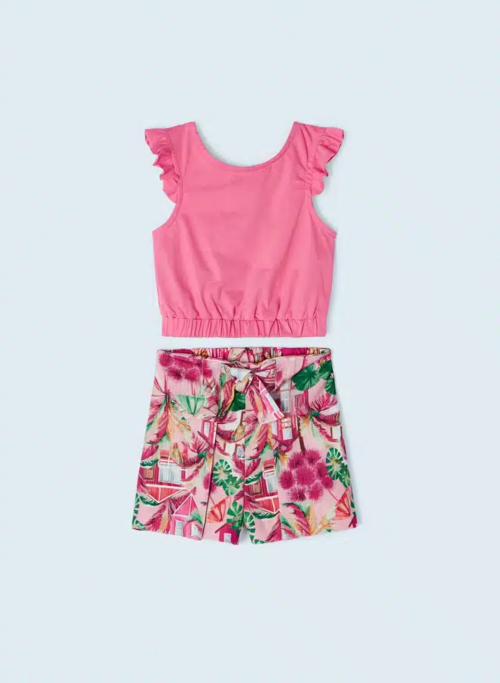 Pembe Çiçekli Crop Şort Takım