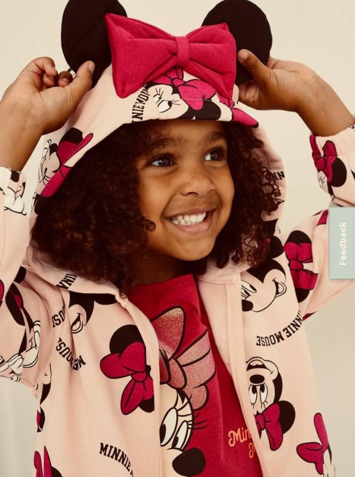 Fuşya Krem Minnie Mouse Kapüşonlu Kurdele Kulak Detaylı Takım