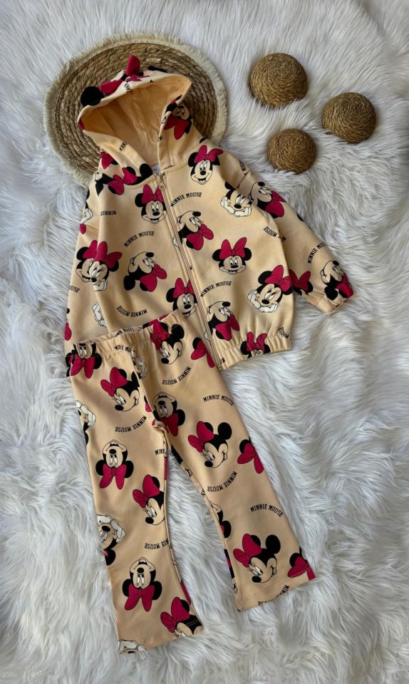 Fuşya Krem Minnie Mouse Kapüşonlu Kurdele Kulak Detaylı Takım