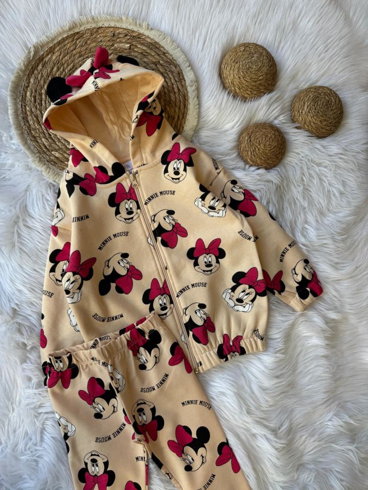 Fuşya Krem Minnie Mouse Kapüşonlu Kurdele Kulak Detaylı Takım