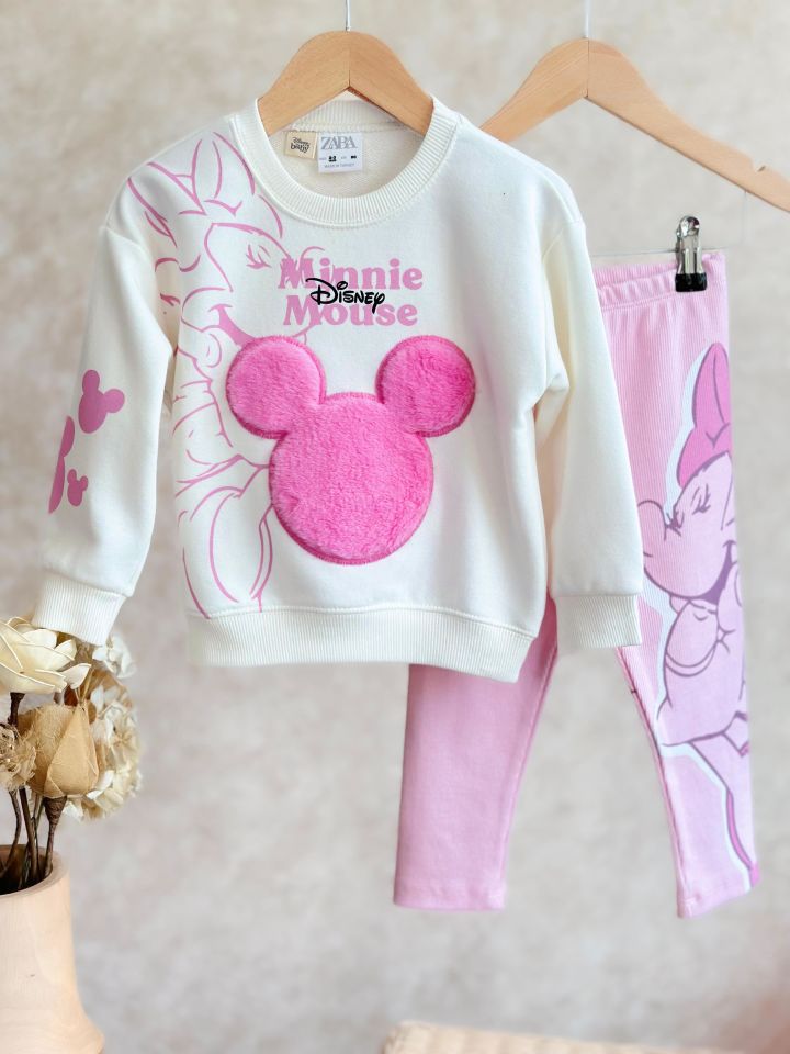 Minnie Mouse İşlemeli Yumoş Pembe  Taytı Takım