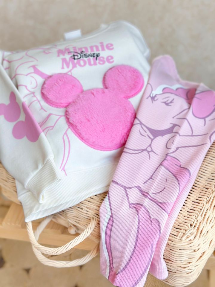 Minnie Mouse İşlemeli Yumoş Pembe  Taytı Takım