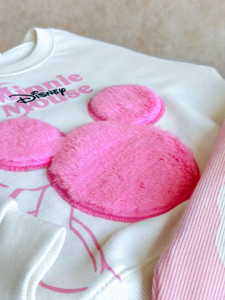Minnie Mouse İşlemeli Yumoş Pembe  Taytı Takım