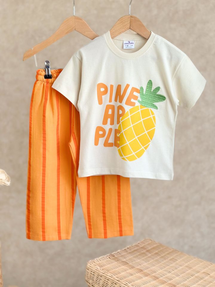 Ananas Baskılı Turuncu Müslin Takım