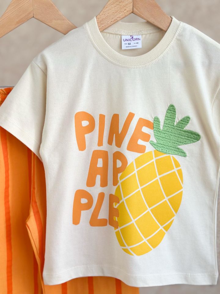 Ananas Baskılı Turuncu Müslin Takım