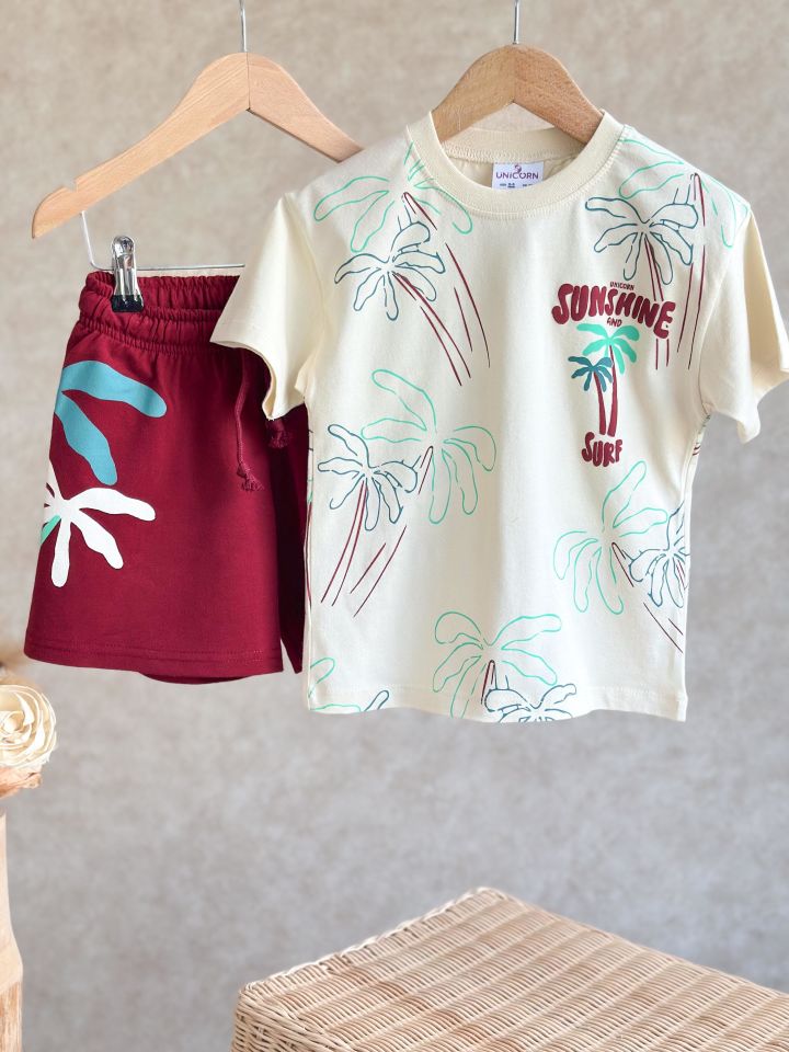 Bordo Ekru Sunshine Surf Palmiye Baskılı Şortlu Takım