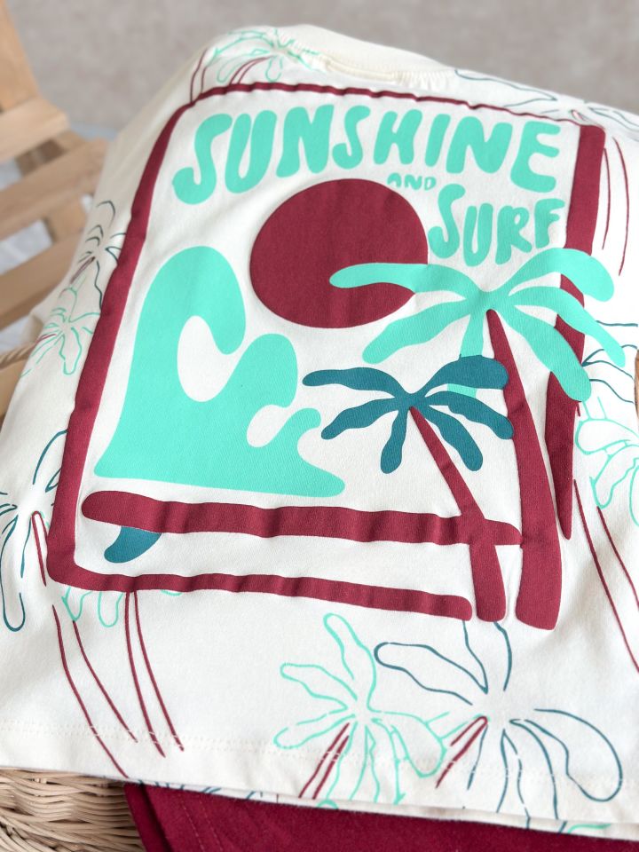 Bordo Ekru Sunshine Surf Palmiye Baskılı Şortlu Takım