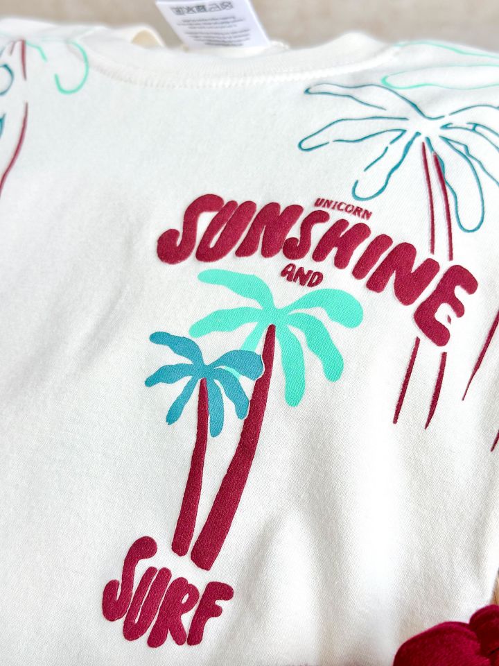 Bordo Ekru Sunshine Surf Palmiye Baskılı Şortlu Takım