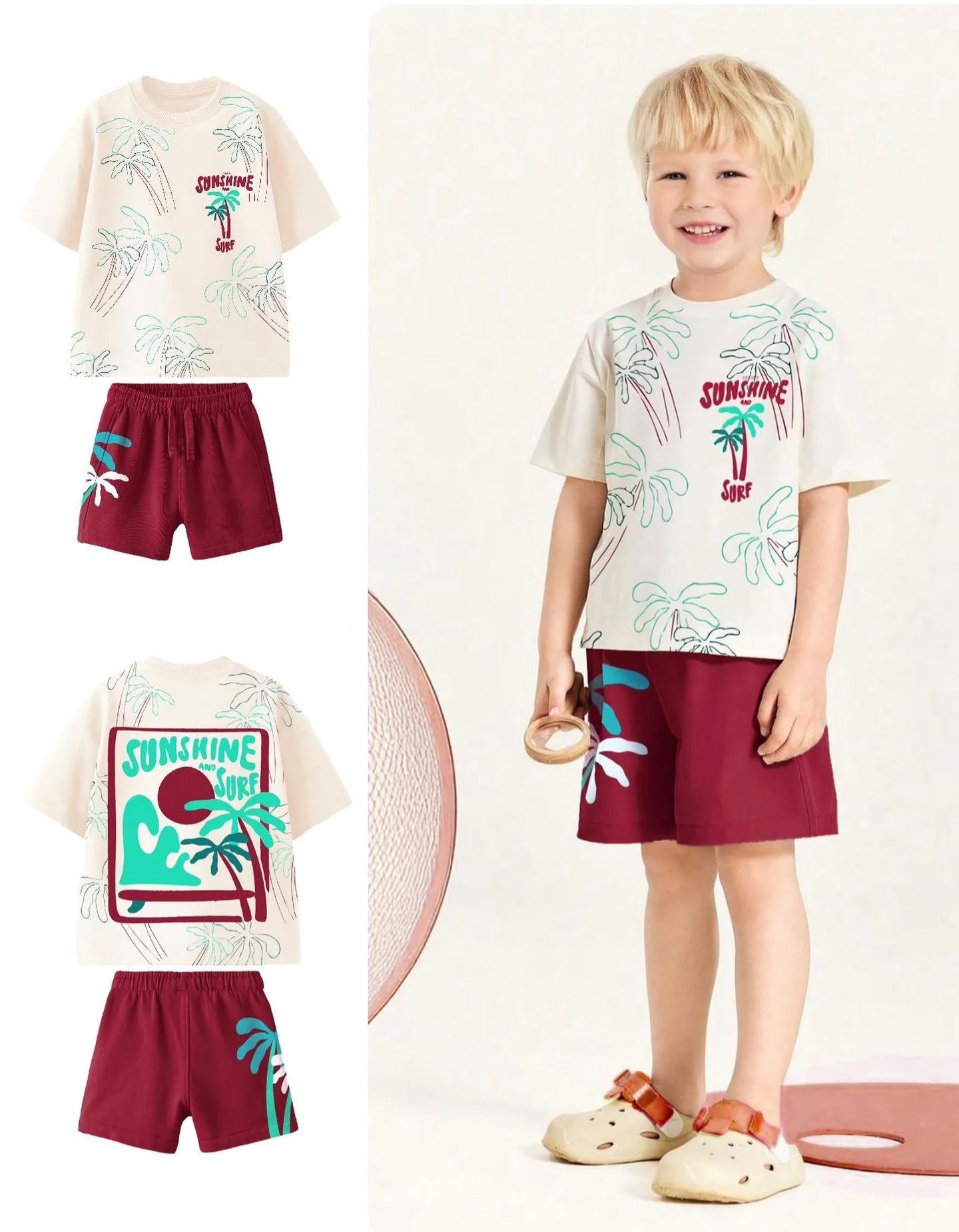 Bordo Ekru Sunshine Surf Palmiye Baskılı Şortlu Takım