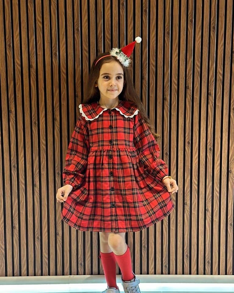 Kırmızı Ekose Bebe Yaka Elbise