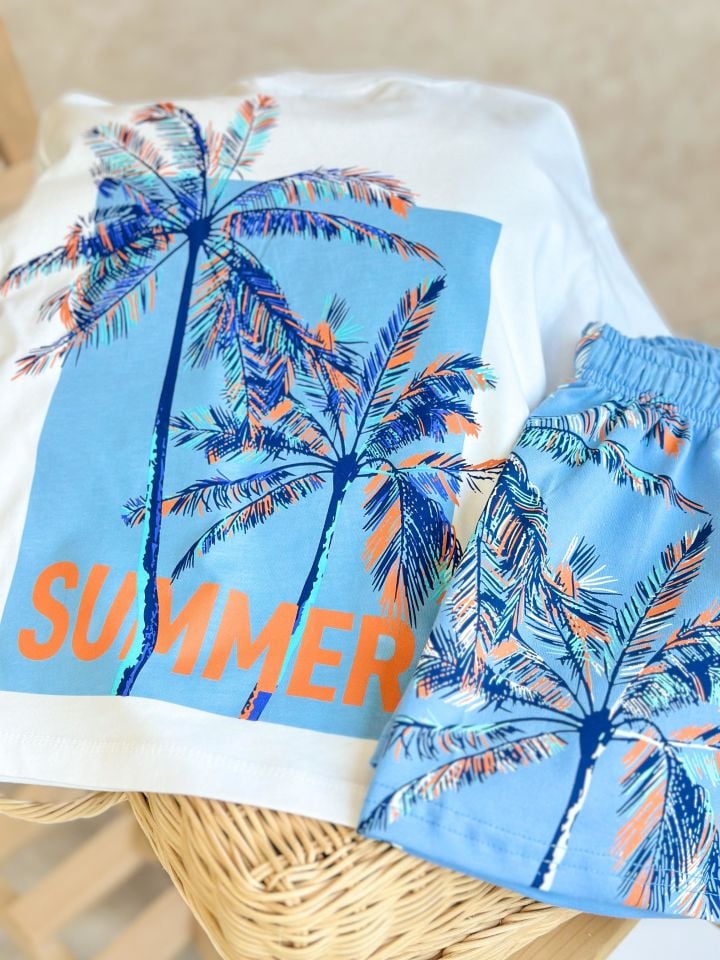 Summer Palmiye Baskılı Mavi Turuncu Şortlu Takım