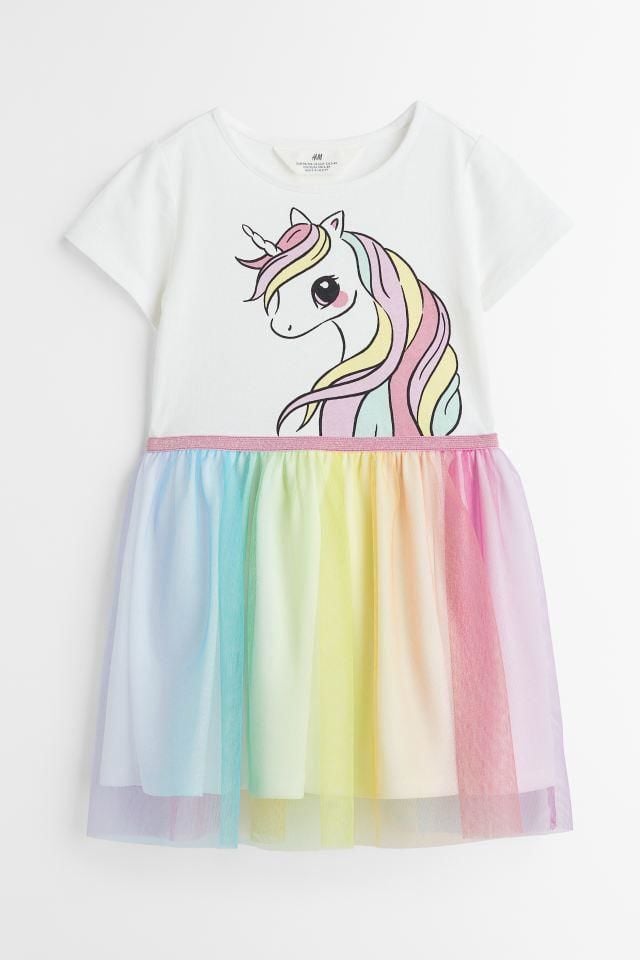 Unicorn Baskılı Rengarenk Tütülü Elbise