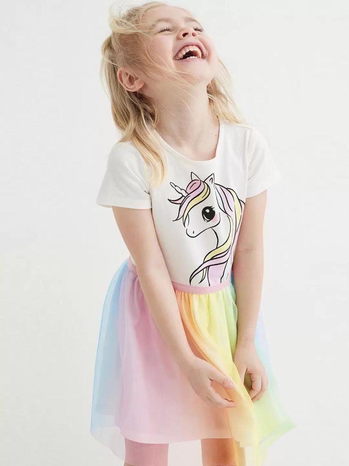 Unicorn Baskılı Rengarenk Tütülü Elbise
