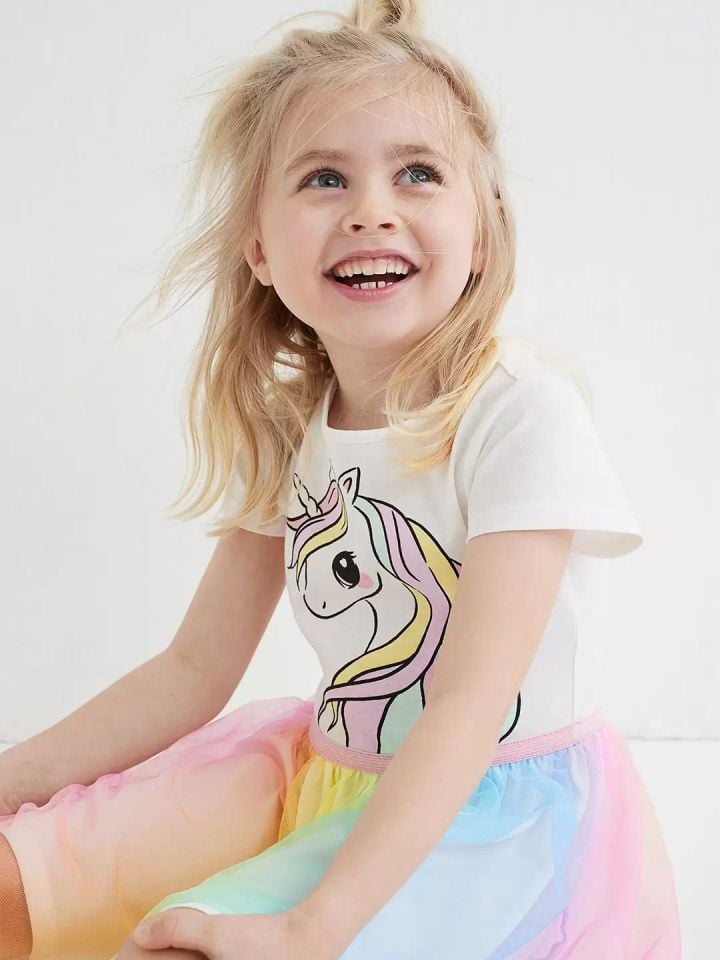 Unicorn Baskılı Rengarenk Tütülü Elbise