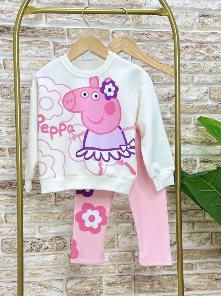 Peppa Çiçek Detaylı Uzun Taytlı Takım