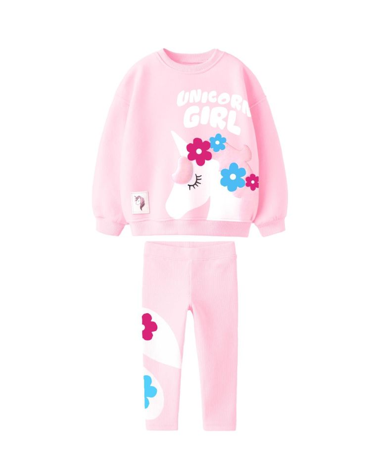 Pembe Unicorn Baskılı Çiçek Detaylı Taytlı Takım