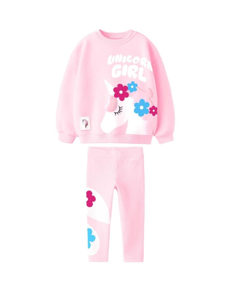 Pembe Unicorn Baskılı Çiçek Detaylı Taytlı Takım
