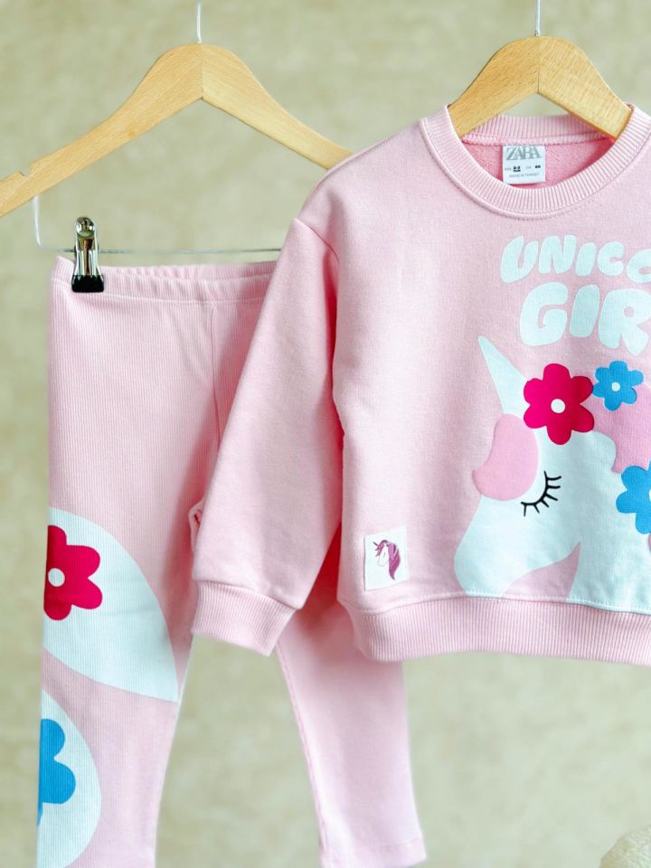 Pembe Unicorn Baskılı Çiçek Detaylı Taytlı Takım