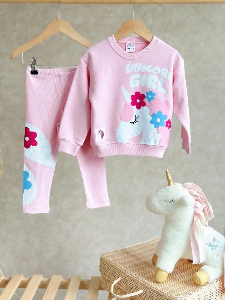 Pembe Unicorn Baskılı Çiçek Detaylı Taytlı Takım