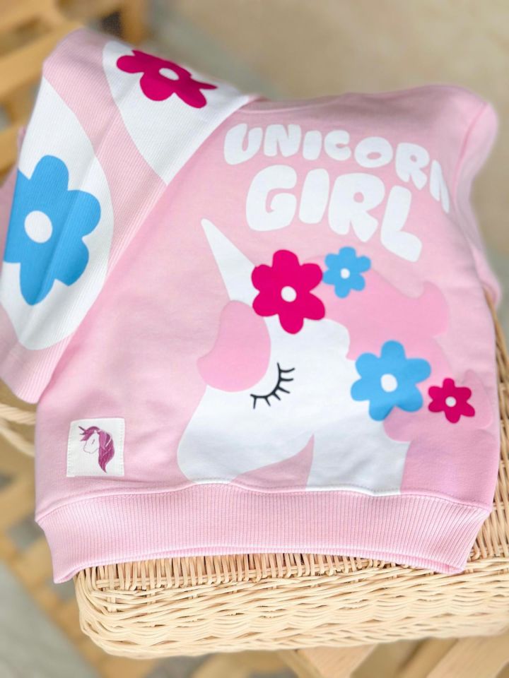Pembe Unicorn Baskılı Çiçek Detaylı Taytlı Takım