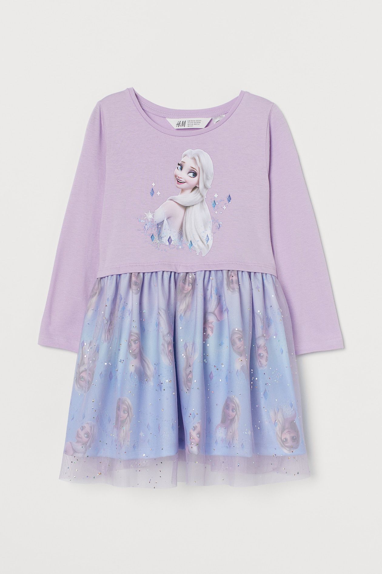 Pembe Lila Elsa Baskılı Rengarenk Tütülü Elbise