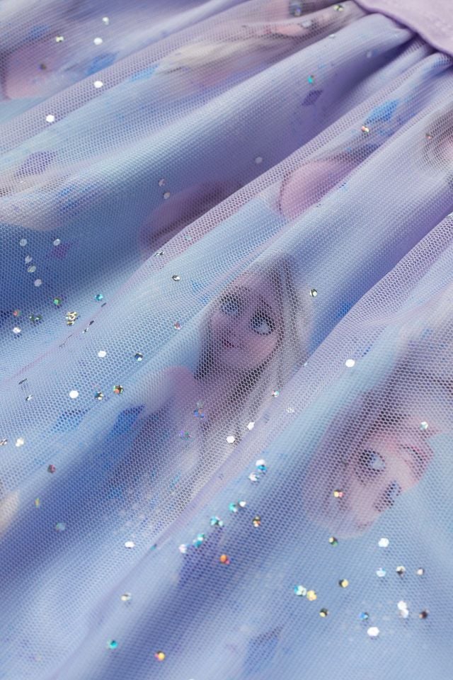 Pembe Lila Elsa Baskılı Rengarenk Tütülü Elbise
