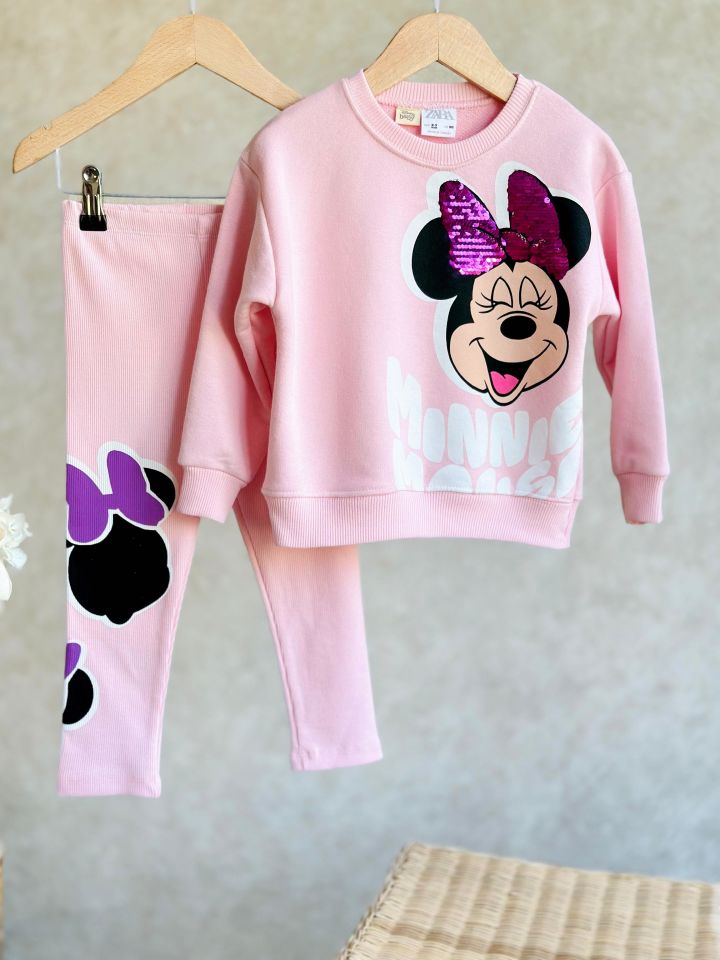 Pembe Minnie Mouse Payet Detaylı Taytlı Takım