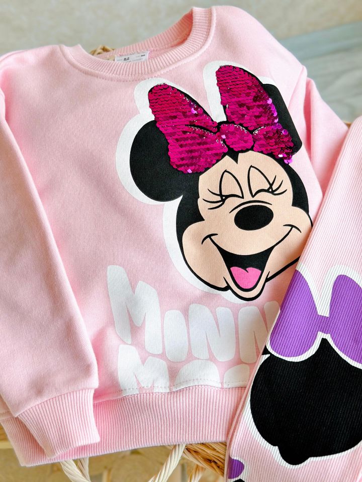 Pembe Minnie Mouse Payet Detaylı Taytlı Takım