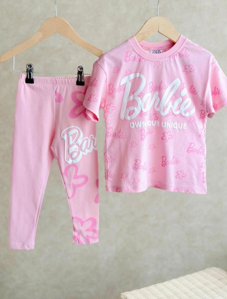 Pembe Barbie Karbartma Baskılı Uzun Taytlı Takım