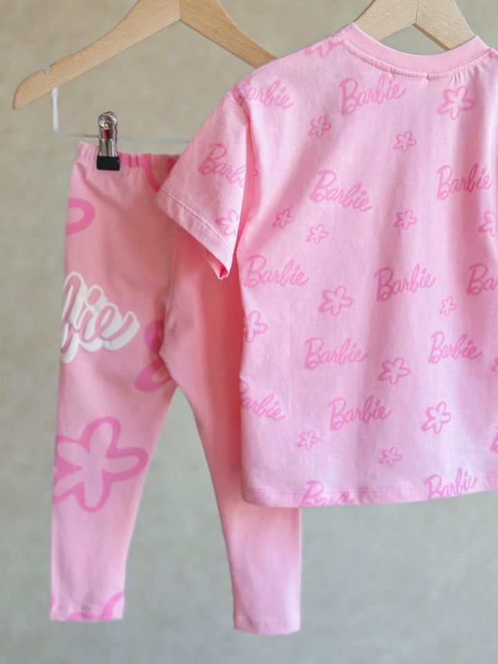 Pembe Barbie Karbartma Baskılı Uzun Taytlı Takım