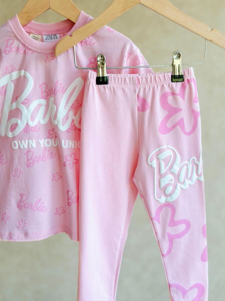 Pembe Barbie Karbartma Baskılı Uzun Taytlı Takım
