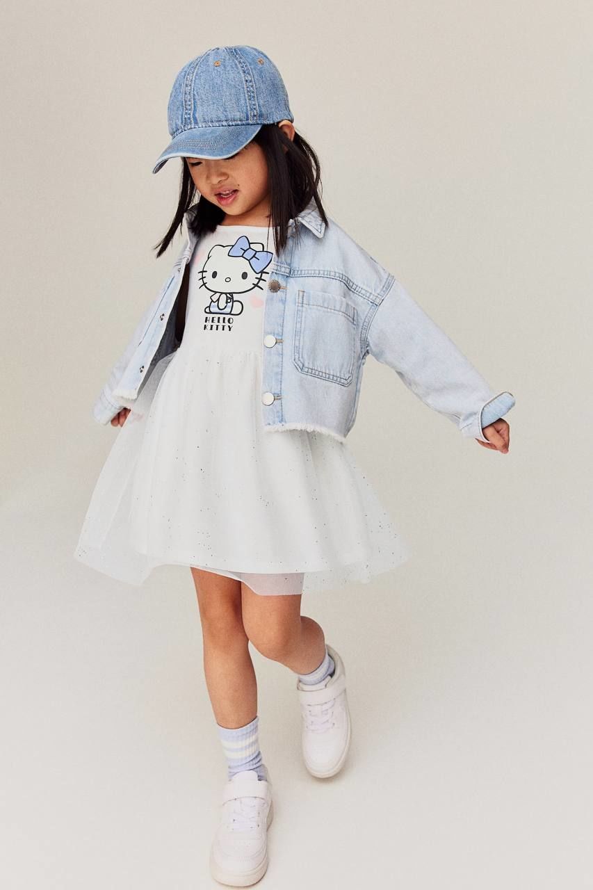Beyaz Hello Kitty Baskılı Tütülü Elbise