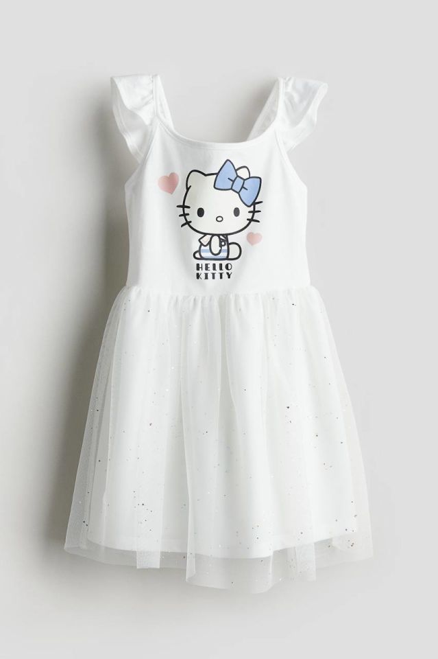 Beyaz Hello Kitty Baskılı Tütülü Elbise