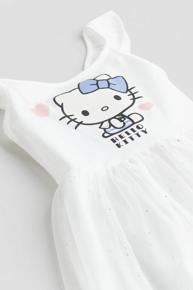 Beyaz Hello Kitty Baskılı Tütülü Elbise