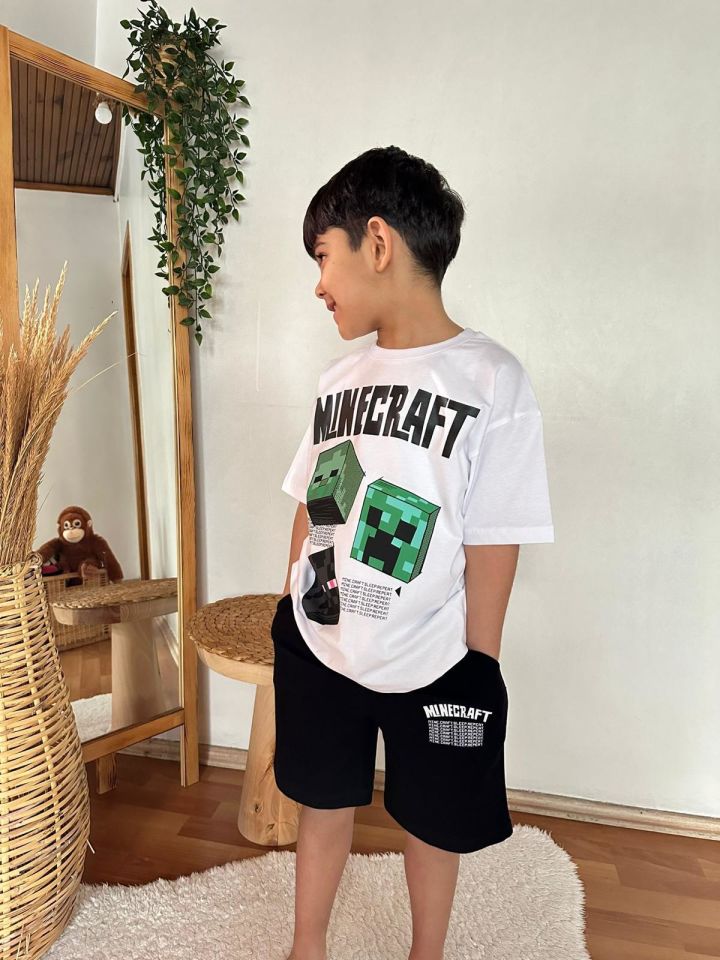 Siyah Beyaz Minecraft Baskılı Yazlık Takım